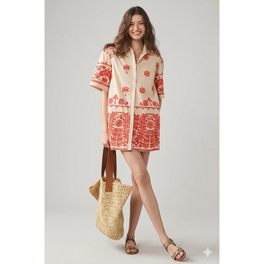 Maeve Mini Shirt Dress with Embroidered Design